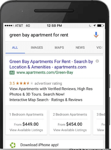 Mobile search ad for apartments showing starting prices for one and two bedroom units