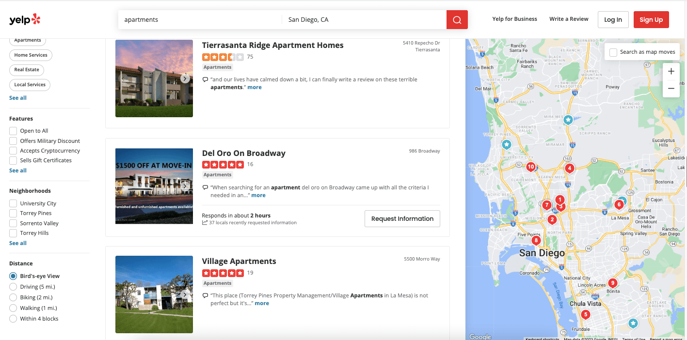 Yelp search results for apartments in San Diego showing star ratings and resident review snippets