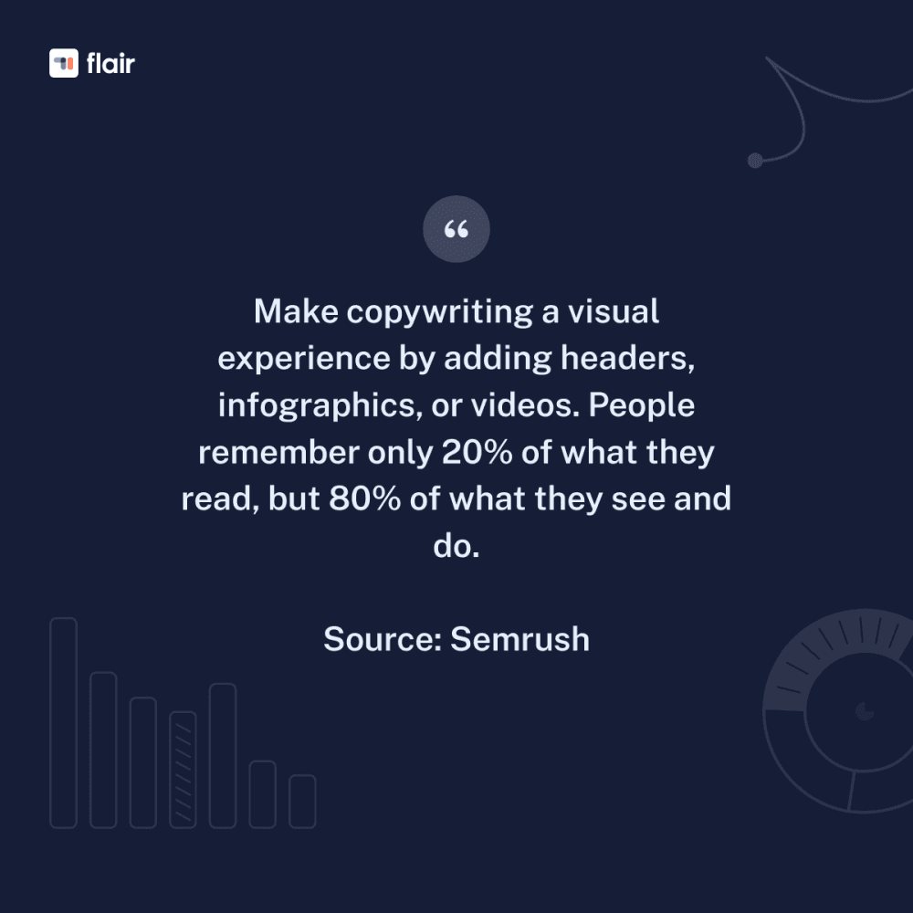 Quote card: people remember only 20% of what they read but 80% of what they see and do, per Semrush