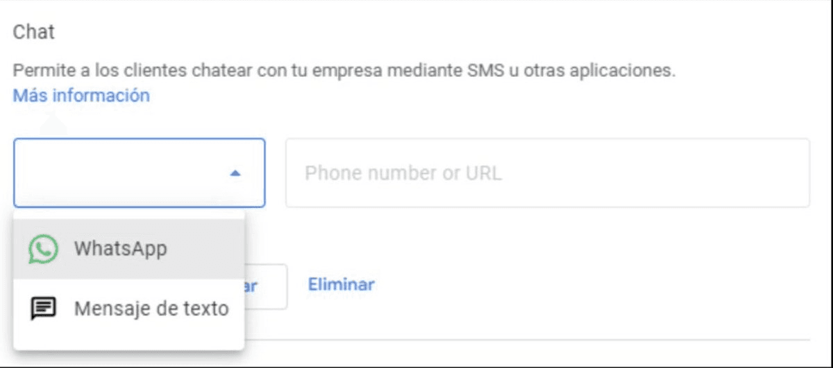 Google Business Profile chat setting in Spanish with WhatsApp and text message options