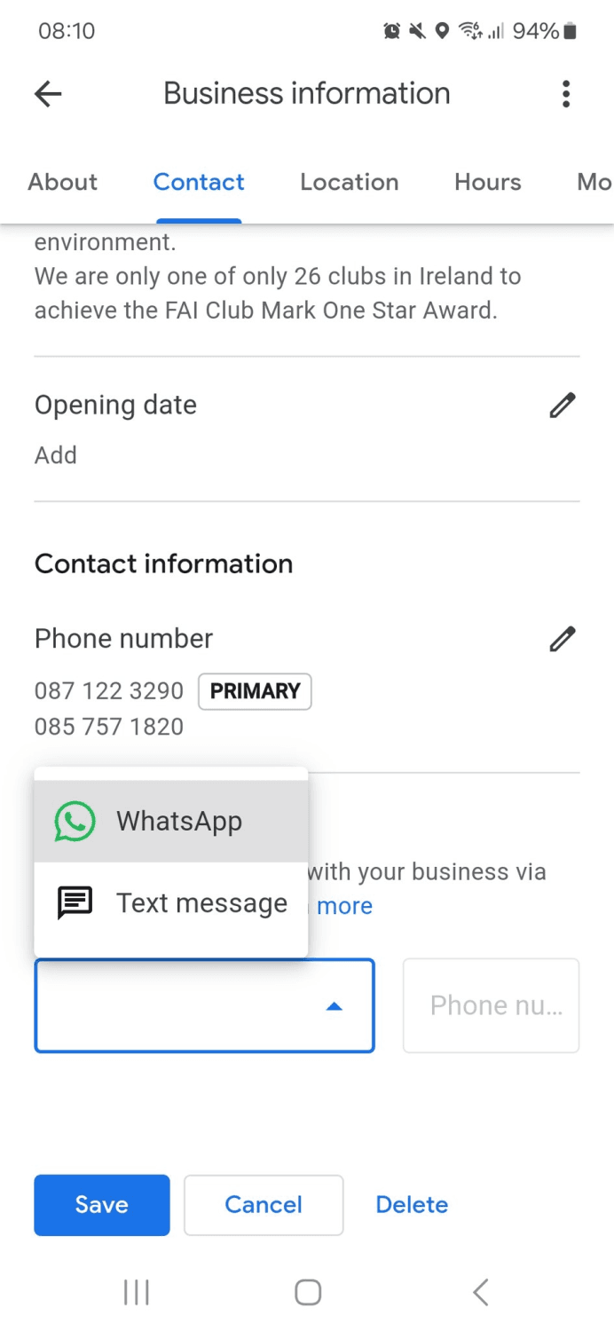 Google Business Profile app on a phone offering WhatsApp or text message as a chat option
