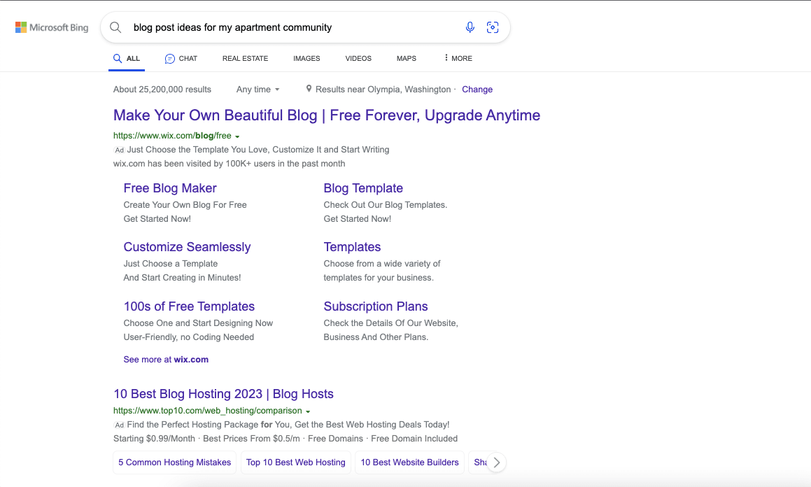 Standard Bing results for "blog post ideas for my apartment community" led by blog hosting ads