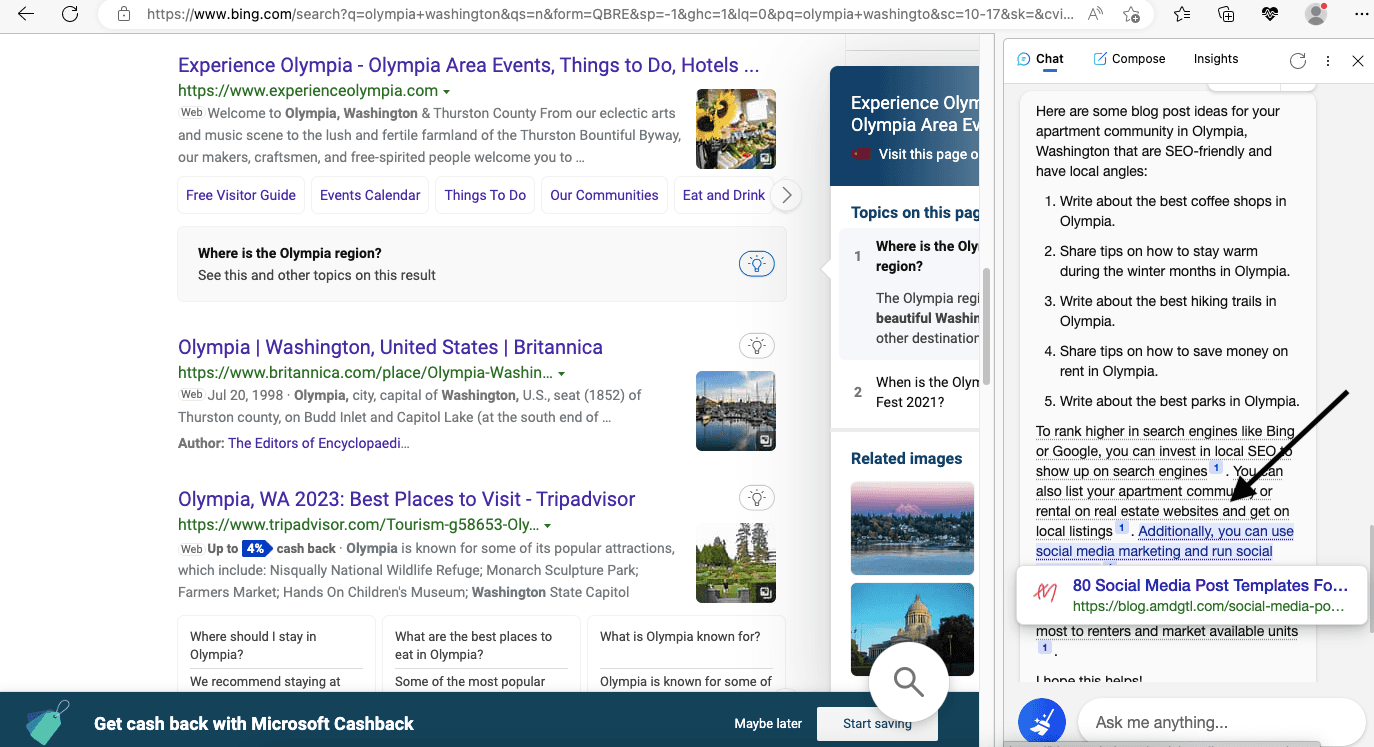 Bing Chat suggests local blog post ideas for an Olympia apartment community, with linked sources