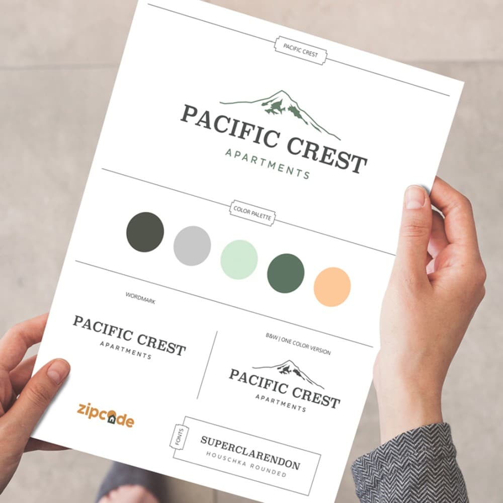 Brand guide sheet for Pacific Crest Apartments showing its logo, color palette, wordmark, and fonts