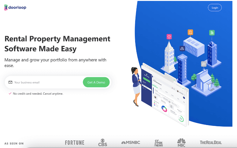 DoorLoop homepage: rental property management software made easy, with a Get a Demo button