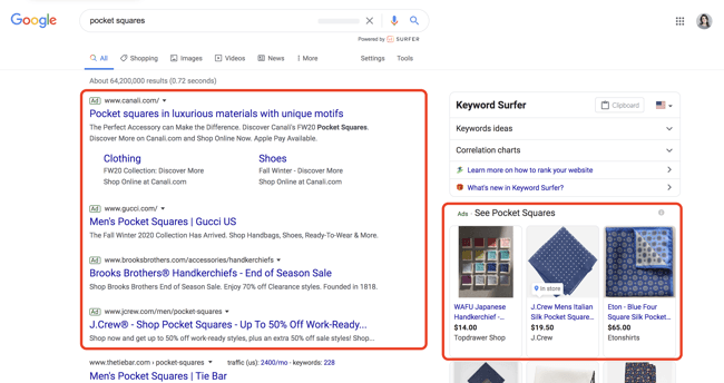 Google search for pocket squares with paid text ads and shopping ads highlighted at the top of results