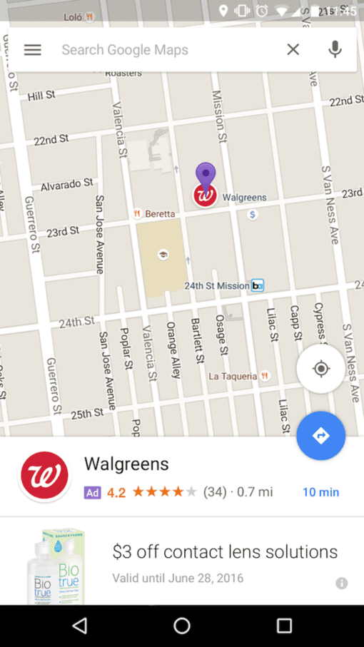 Google Maps promoted pin: a store ad with rating, distance, and a coupon shown below the map
