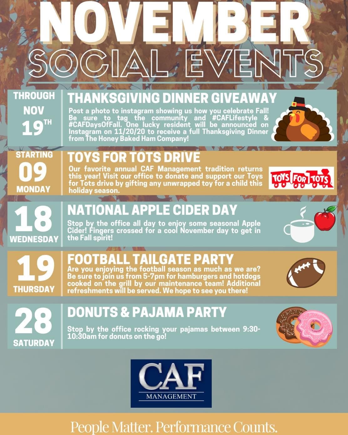 Apartment community flyer listing November resident events, including a tailgate party and donut morning